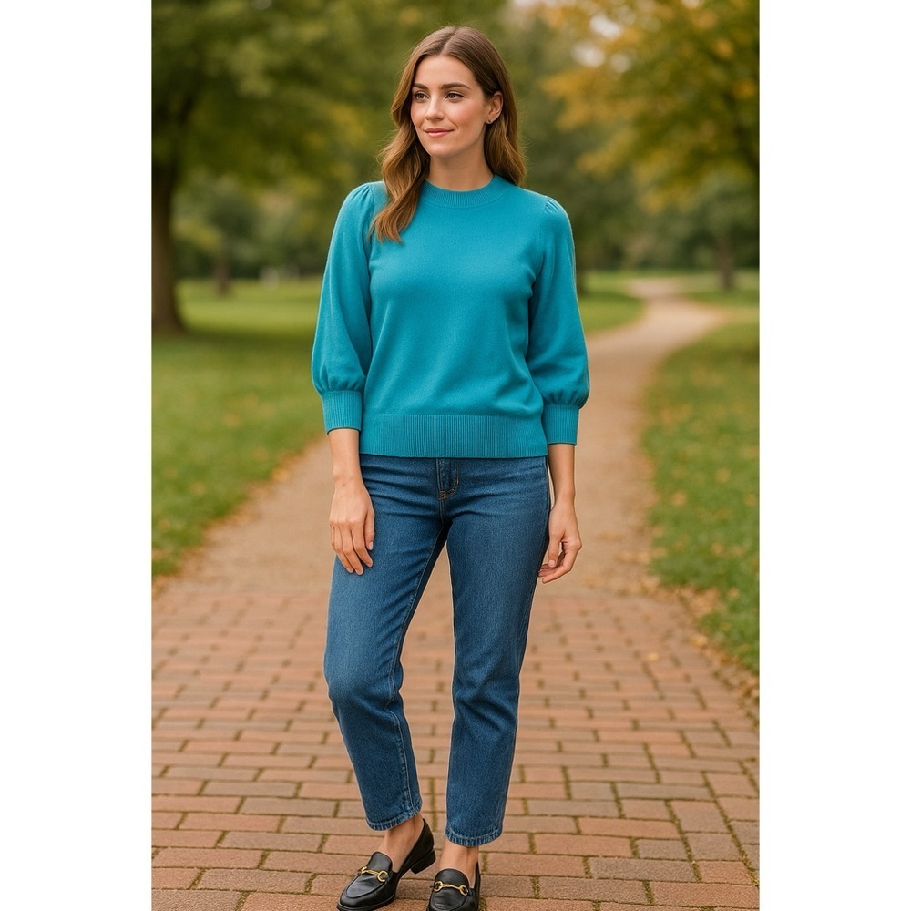 BODEN Women’s Blue Sweater Size 12 Crew Neck Puff Sleeve Cotton Wool Cashmere